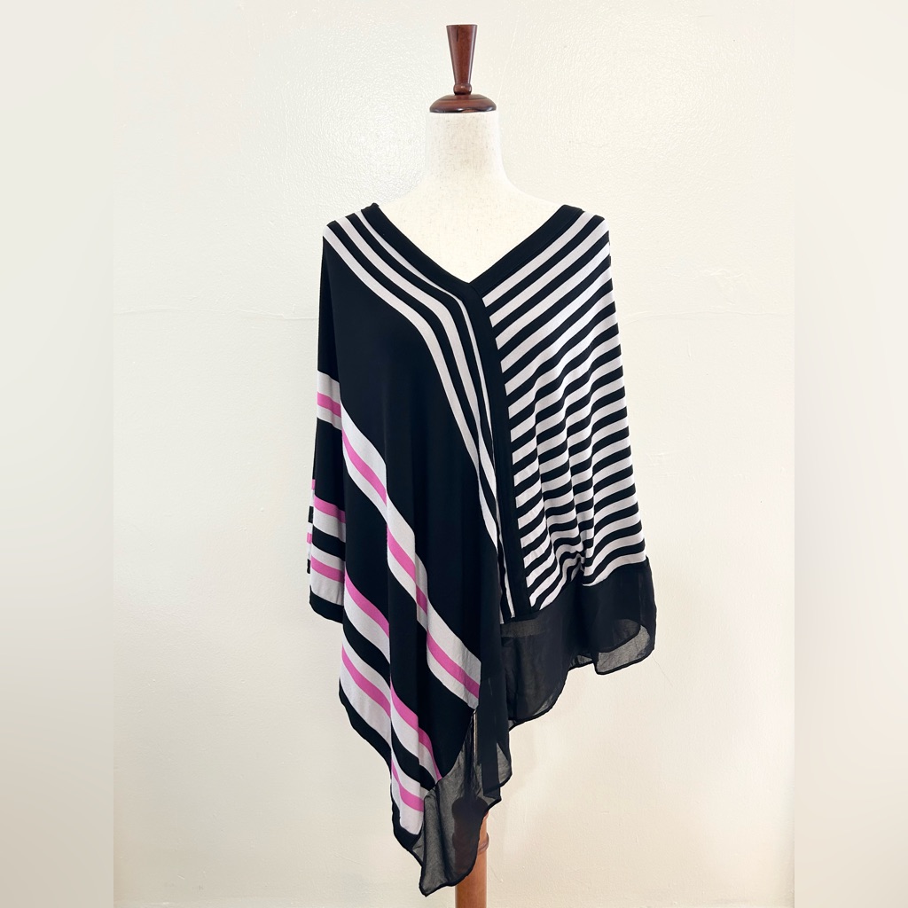 Alina Cristina Black White Pink Knit Striped Asymmetrical Shawl Cape